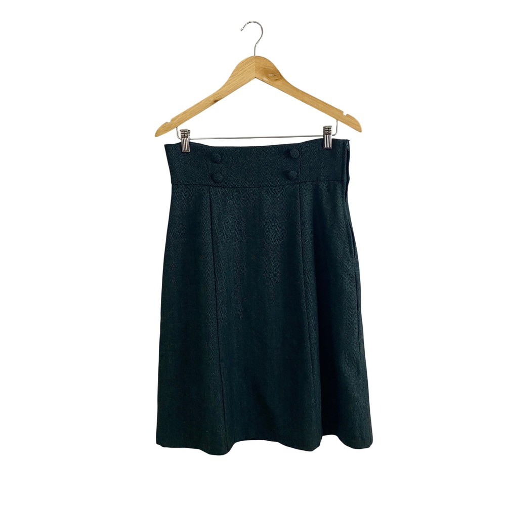 ModCloth Wool Blend Herringbone Skirt Green Tweed High Waist Button Detail 10